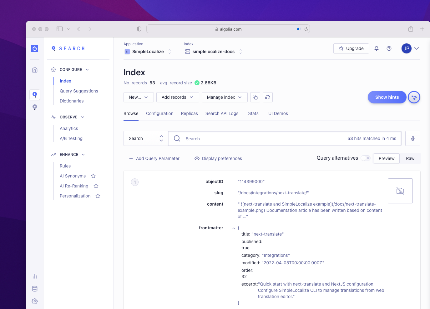 algolia search index overview