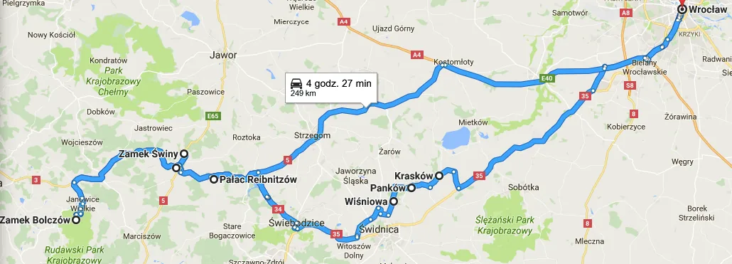 Wrocław – Pałac w Kraskowie – Zamek w Pankowie – Pałac w Wiśniowej – Pałac Reibnitzów – Zamek Bolków – Zamek Świny – Zamek Bolczów – Wrocław